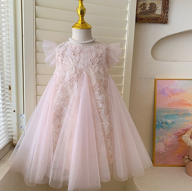 Blush Petal Lace Dress with Flutter Sleeves