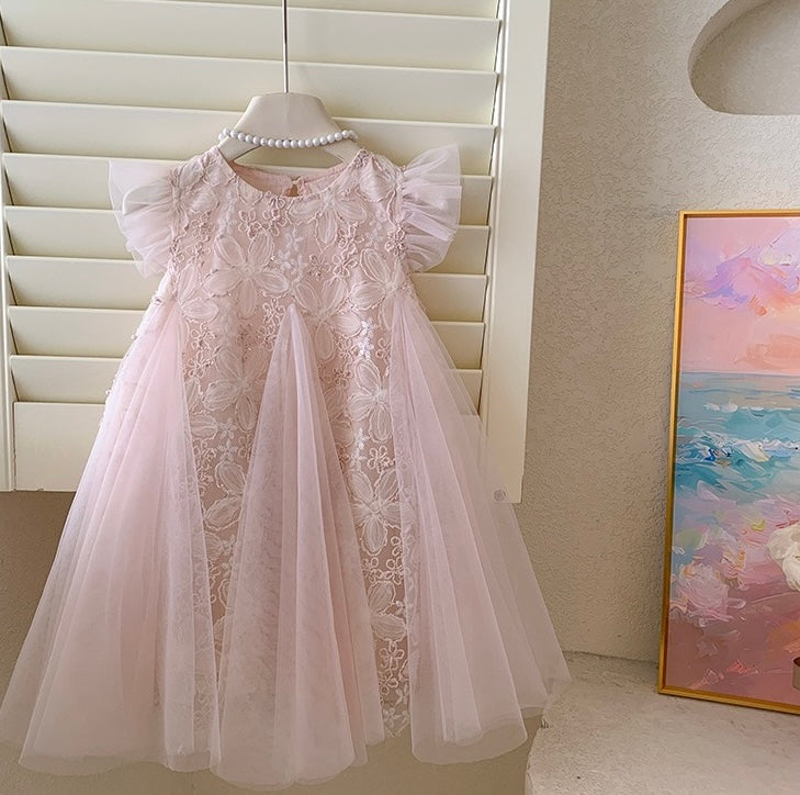 Blush Petal Lace Dress with Flutter Sleeves