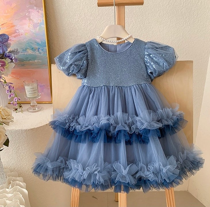 Blue Sparkle Tulle Dress with Puff Sleeves