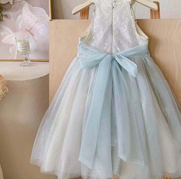 White Pearl Halter Tulle Dress