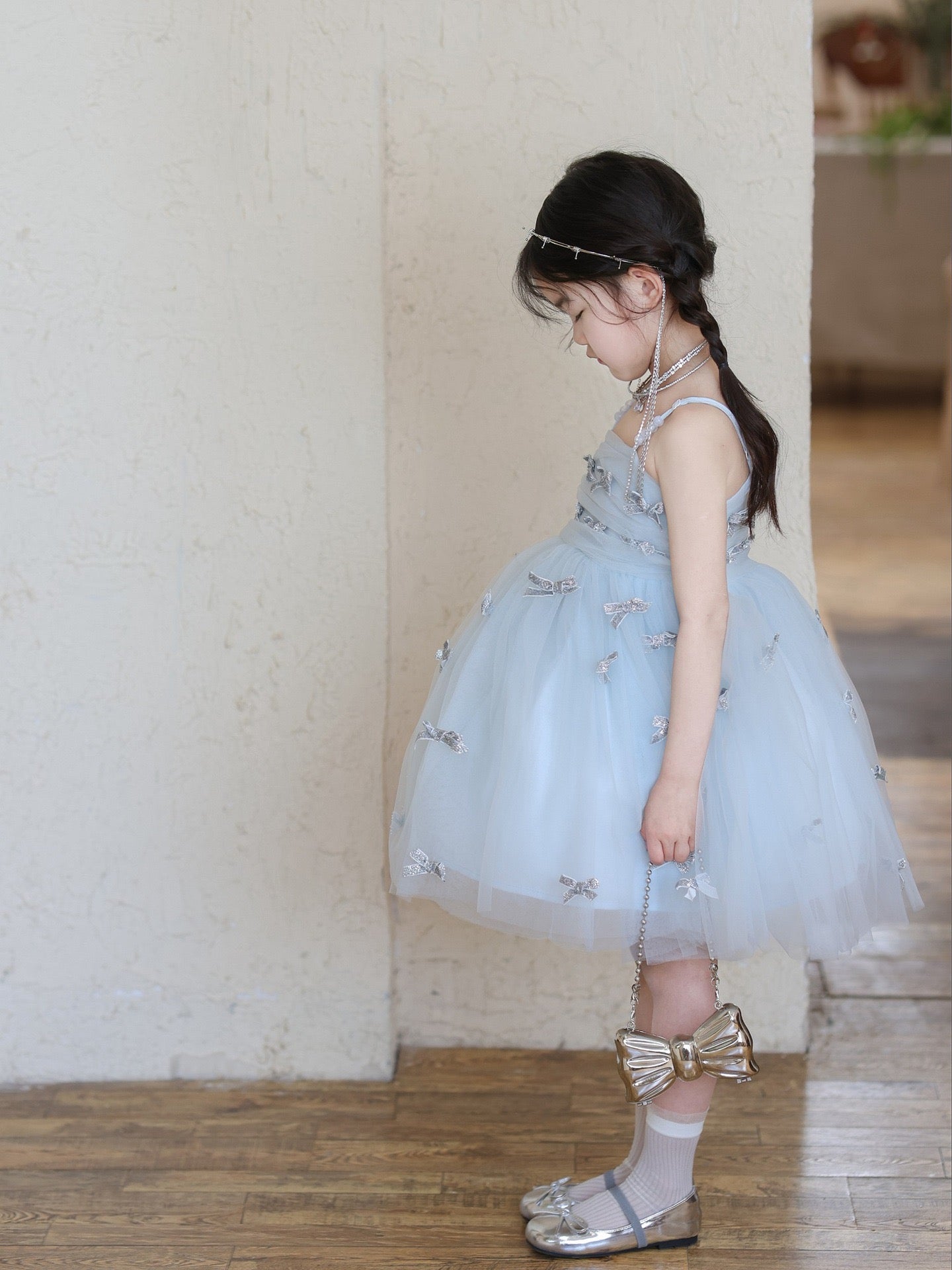 Light Blue Glitter Bow Tulle Dress