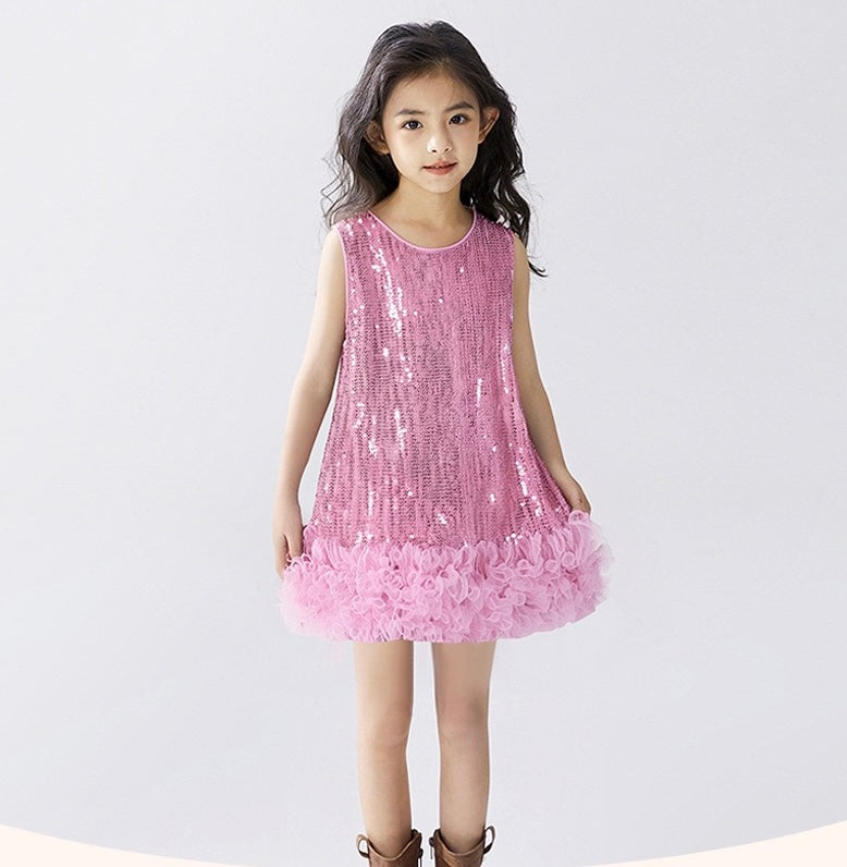 Pink Sequin Party Dress with Rosette Hem