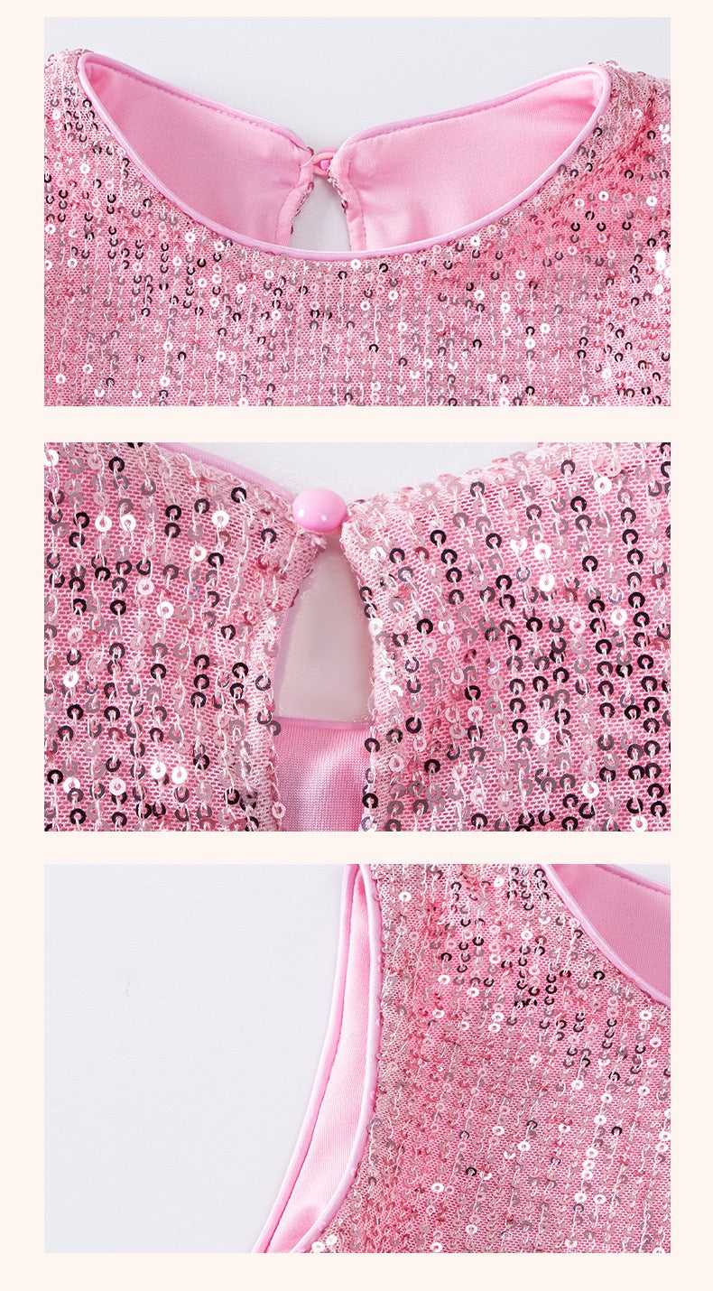 Pink Sequin Party Dress with Rosette Hem