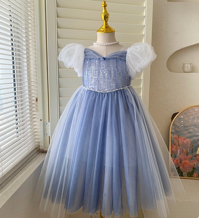 Blue Glitter Tulle Dress with Puff Sleeves