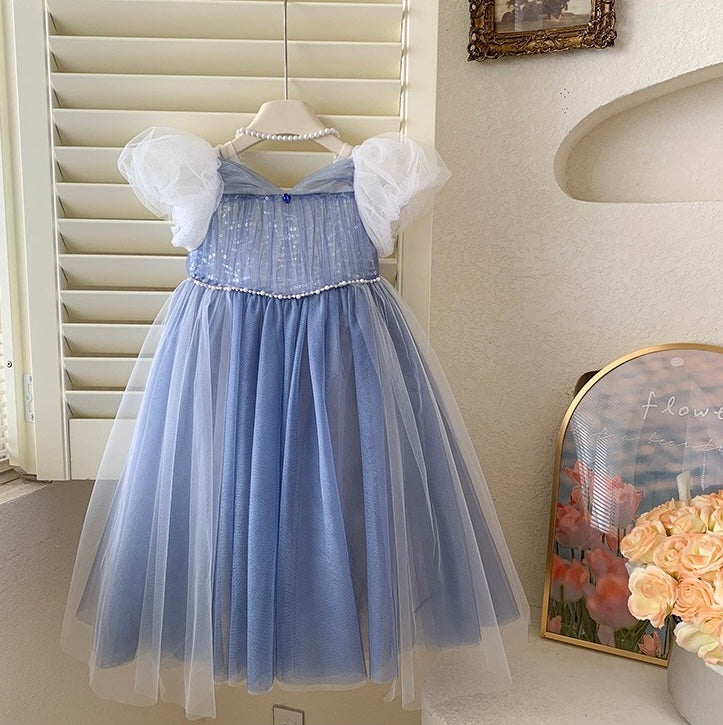 Blue Glitter Tulle Dress with Puff Sleeves