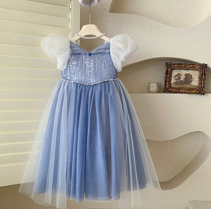 Blue Glitter Tulle Dress with Puff Sleeves