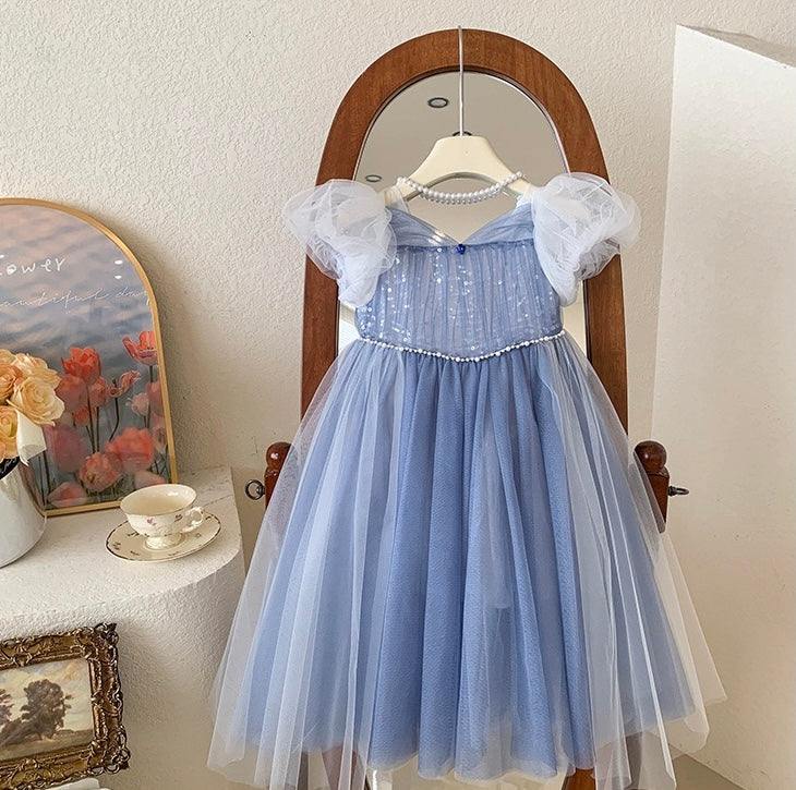 Blue Glitter Tulle Dress with Puff Sleeves