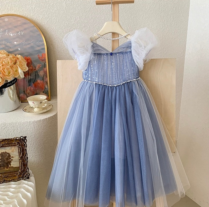 Blue Glitter Tulle Dress with Puff Sleeves