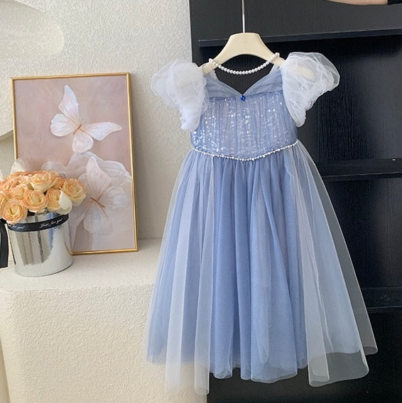 Blue Glitter Tulle Dress with Puff Sleeves