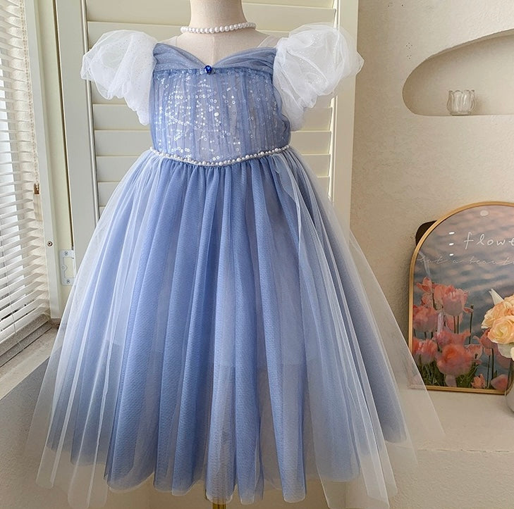 Blue Glitter Tulle Dress with Puff Sleeves