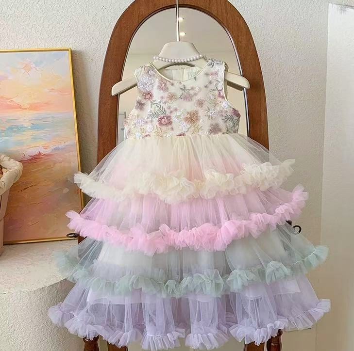 Pastel Rainbow Ruffle Tulle Dress