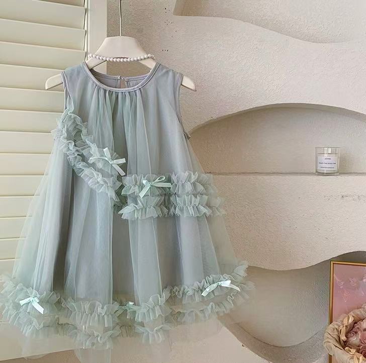 Mint Green Ruffle Bow Tulle Dress