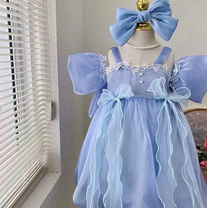 Sky Blue Fairy Ruffle Dress with Big Bow
