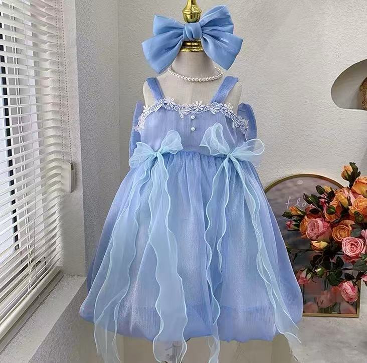 Sky Blue Fairy Ruffle Dress with Big Bow