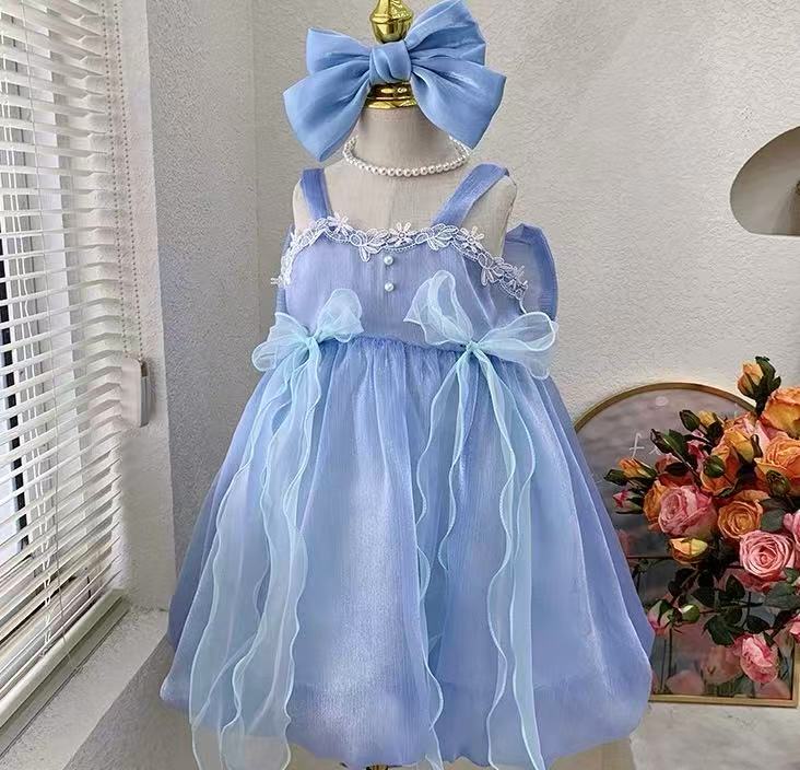 Sky Blue Fairy Ruffle Dress with Big Bow