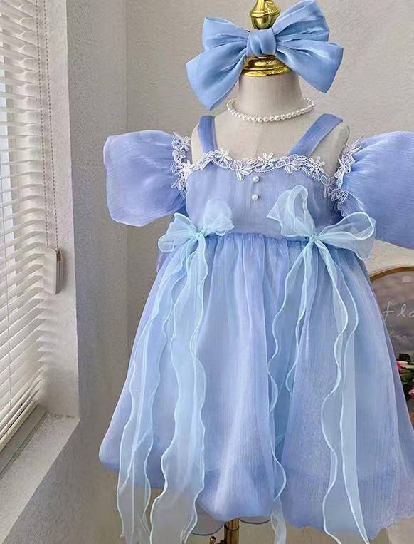Sky Blue Fairy Ruffle Dress with Big Bow