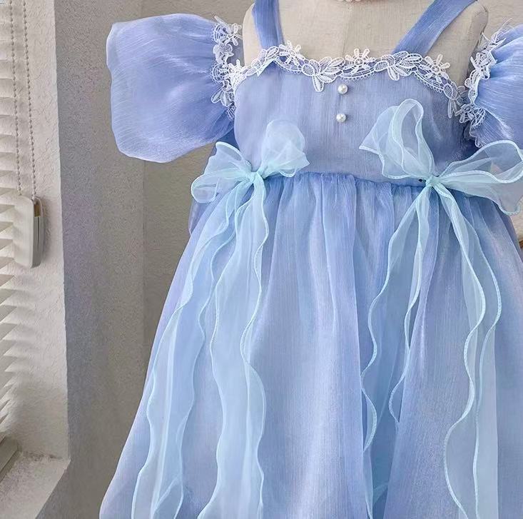 Sky Blue Fairy Ruffle Dress with Big Bow