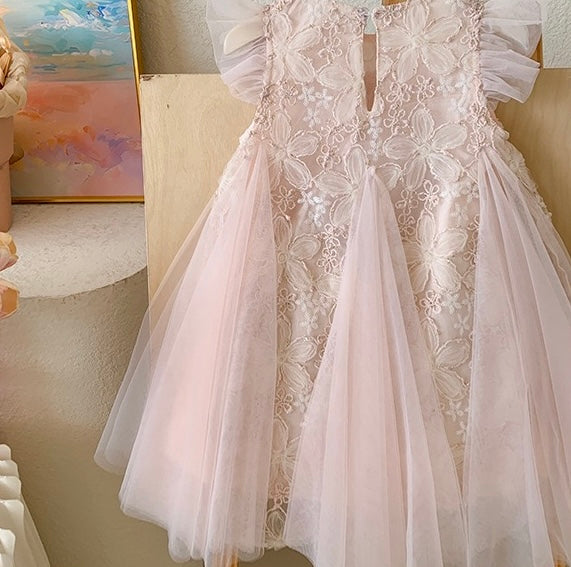 Blush Petal Lace Dress with Flutter Sleeves