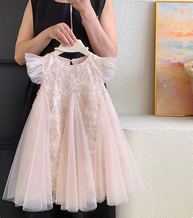 Blush Petal Lace Dress with Flutter Sleeves