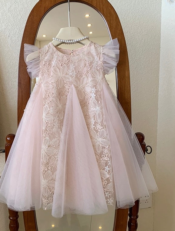 Blush Petal Lace Dress with Flutter Sleeves