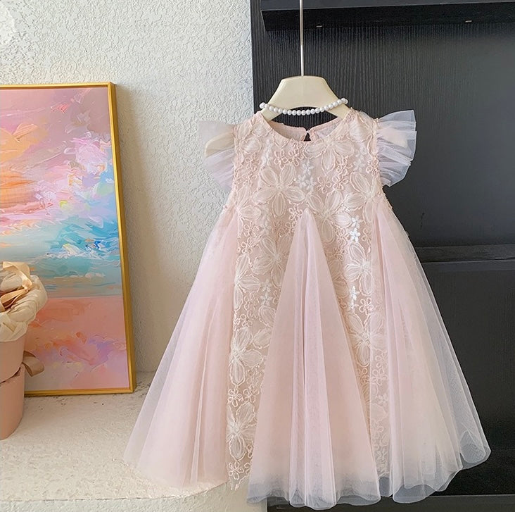 Blush Petal Lace Dress with Flutter Sleeves