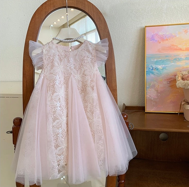 Blush Petal Lace Dress with Flutter Sleeves