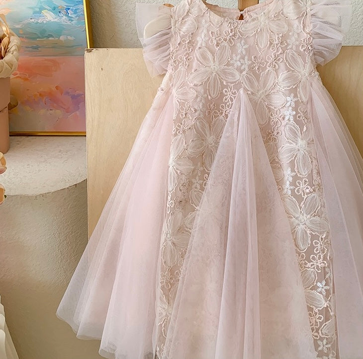 Blush Petal Lace Dress with Flutter Sleeves