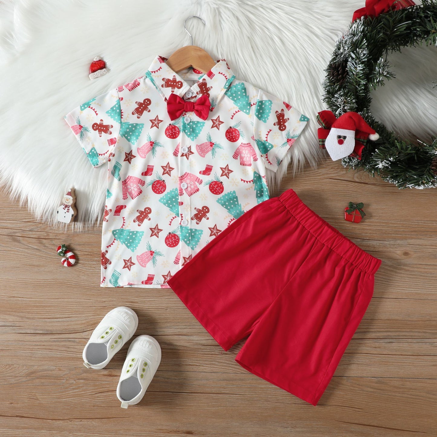 Santa Print Short-Sleeve Shirt and Shorts Set with Bow Tie