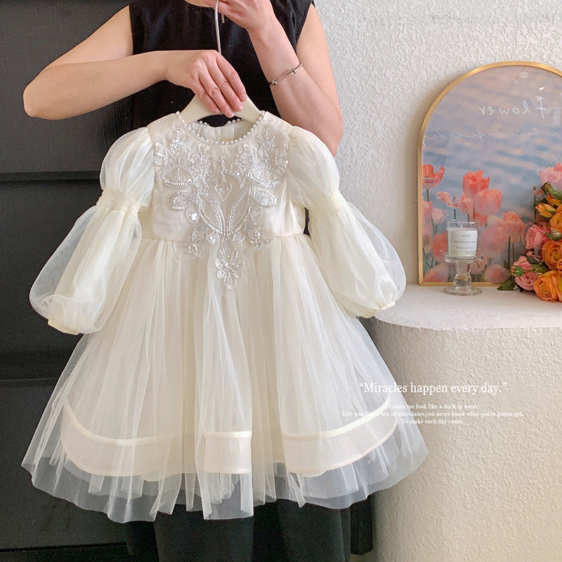 White Performance Flower Girl Pearl Blossom Gown