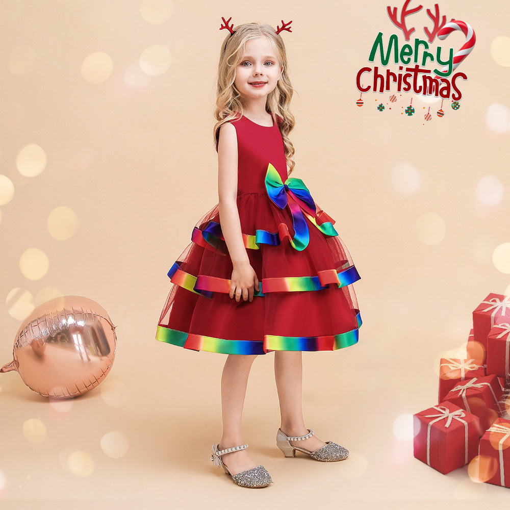 Festive Red Christmas Dress with Rainbow Bow and Trim