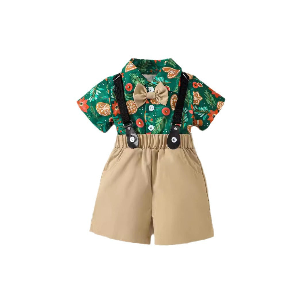 Holiday Floral Shirt with Bow Tie and Suspender Shorts Set