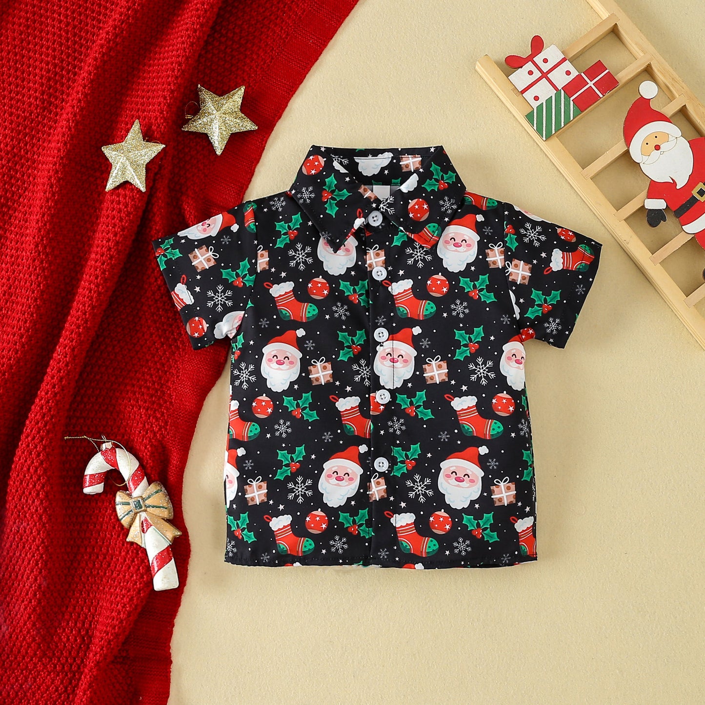 Festive Santa Print Shirt and Shorts Set