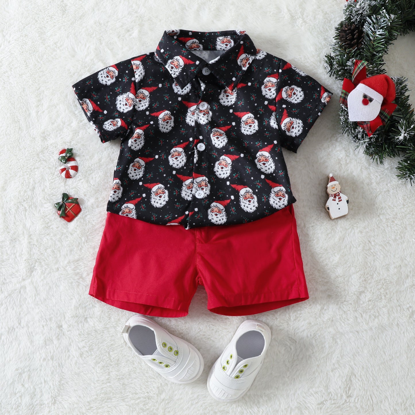 Santa Face Print Shirt and Red Shorts Holiday Set