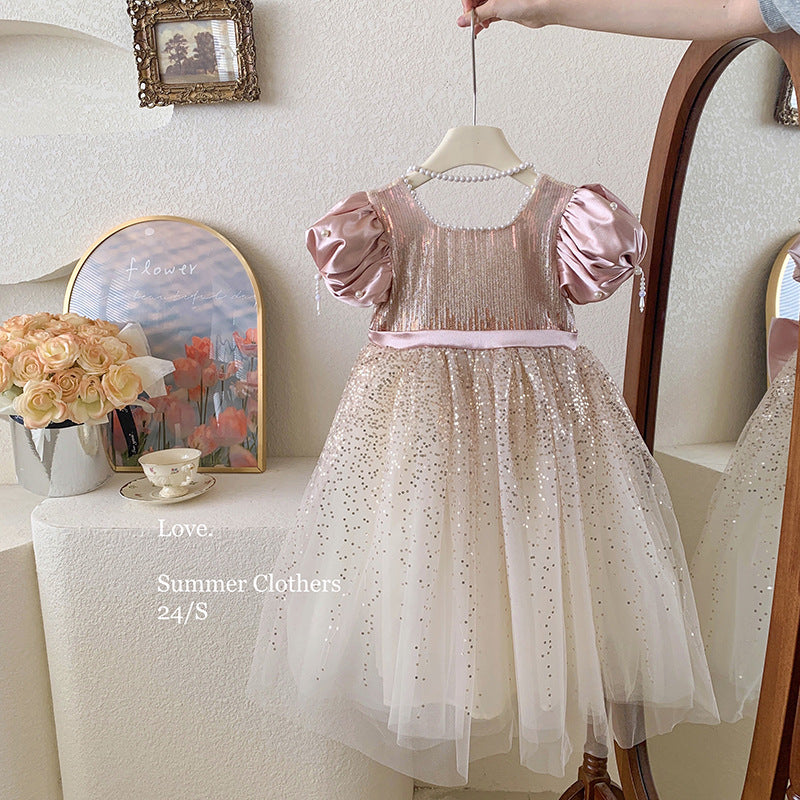 Blush Sparkle Bow Girl Puff Sleeve Party Dress