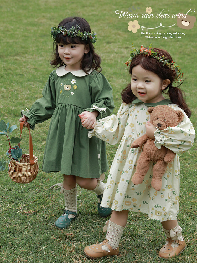 Green Collor Sweet Girl Bear Blossom Dress
