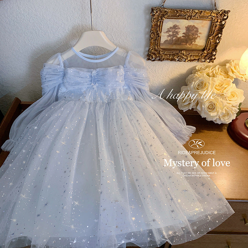 Girls Blue Long Sleeve Princess Dress Glitter Tulle Winter Party Gown
