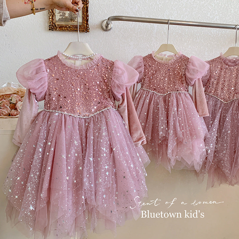 Starlight Princess Tutu Dress – Pink Glitter Long Sleeve Gown