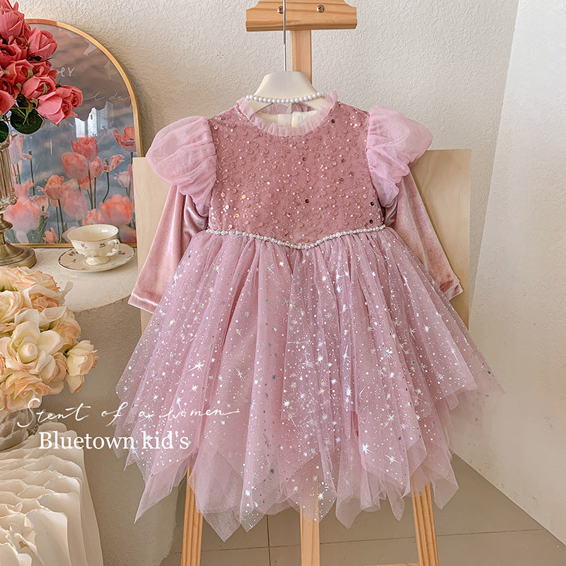 Starlight Princess Tutu Dress – Pink Glitter Long Sleeve Gown