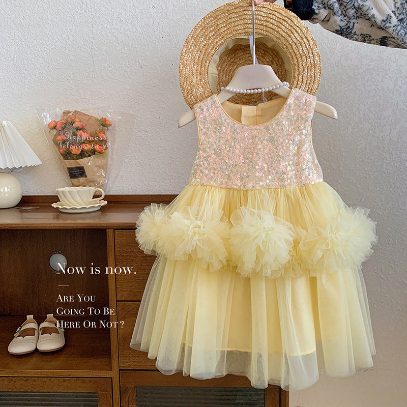 Girls' Yellow Sequin Tutu Dress – Sleeveless Flower Tulle Gown