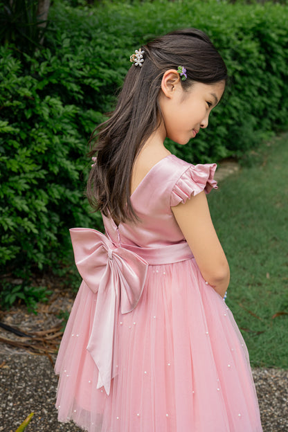 Pink Sleeve Bowknot Pearl Dress Flower Girls Party Dress