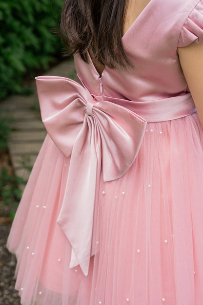 Pink Sleeve Bowknot Pearl Dress Flower Girls Party Dress