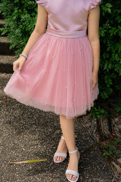 Pink Sleeve Bowknot Pearl Dress Flower Girls Party Dress