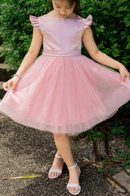 Pink Sleeve Bowknot Pearl Dress Flower Girls Party Dress