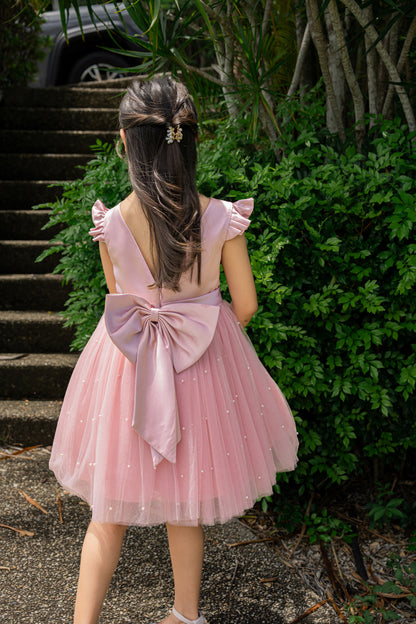 Pink Sleeve Bowknot Pearl Dress Flower Girls Party Dress