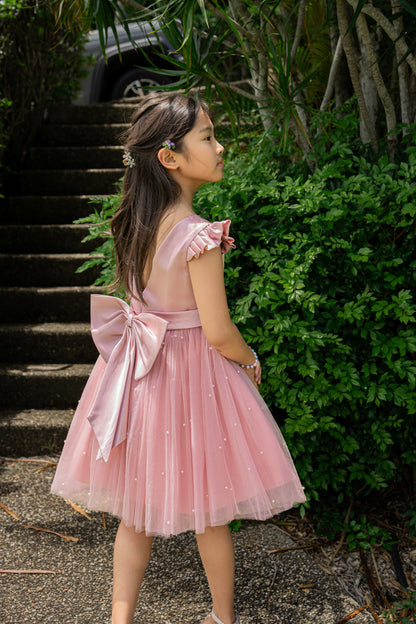 Pink Sleeve Bowknot Pearl Dress Flower Girls Party Dress