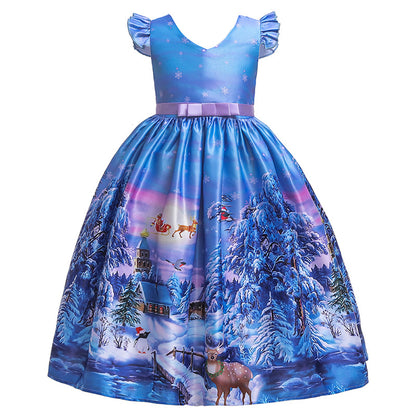 Children Santa Claus Print Girl Christmas Long Dress