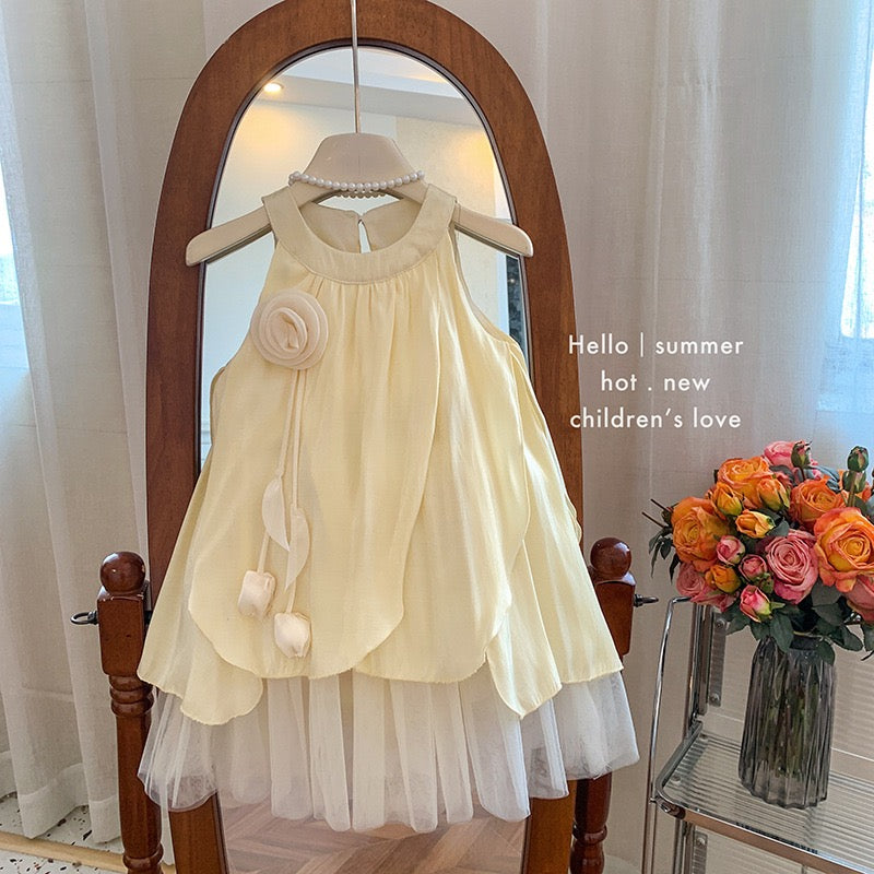 Yellow Petal Layered Dress with Tulle – Summer Style