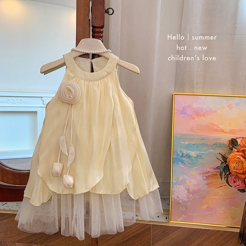 Yellow Petal Layered Dress with Tulle – Summer Style