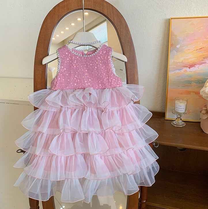 Pink Sequin & Ruffle Party Dress