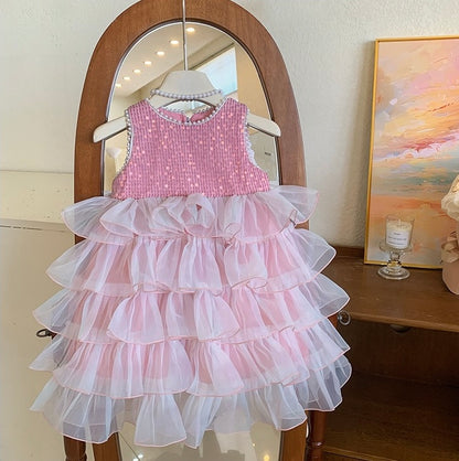 Pink Sequin & Ruffle Party Dress
